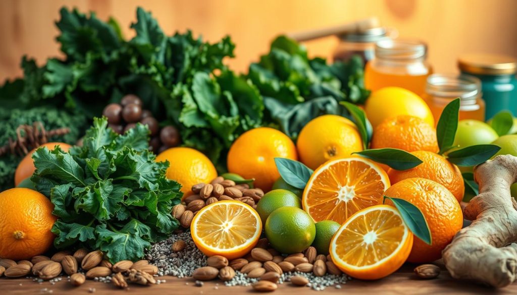 A vibrant still life capturing an array of immune-boosting foods, bathed in warm, natural lighting. In the foreground, a selection of citrus fruits - vibrant oranges, lemons, and limes - arranged artfully. Behind them, leafy greens like kale and spinach, their deep green hues contrasting with the bright fruits. In the middle ground, a variety of nuts and seeds - almonds, walnuts, and chia seeds - sprinkled across the scene. In the background, a few jars of honey and ginger root, hinting at their health-promoting properties. The composition is balanced and visually appealing, inviting the viewer to explore this nourishing assortment of natural immunity boosters.